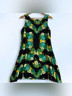 VML Black Tropical Bright Floral Handkerchief Hem Mini Dress Y2K